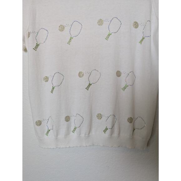 Minnie Rose Cashmere Blend Pickleball Frayed Edge White Sweater Shirt Women Sz L - Picture 5 of 10